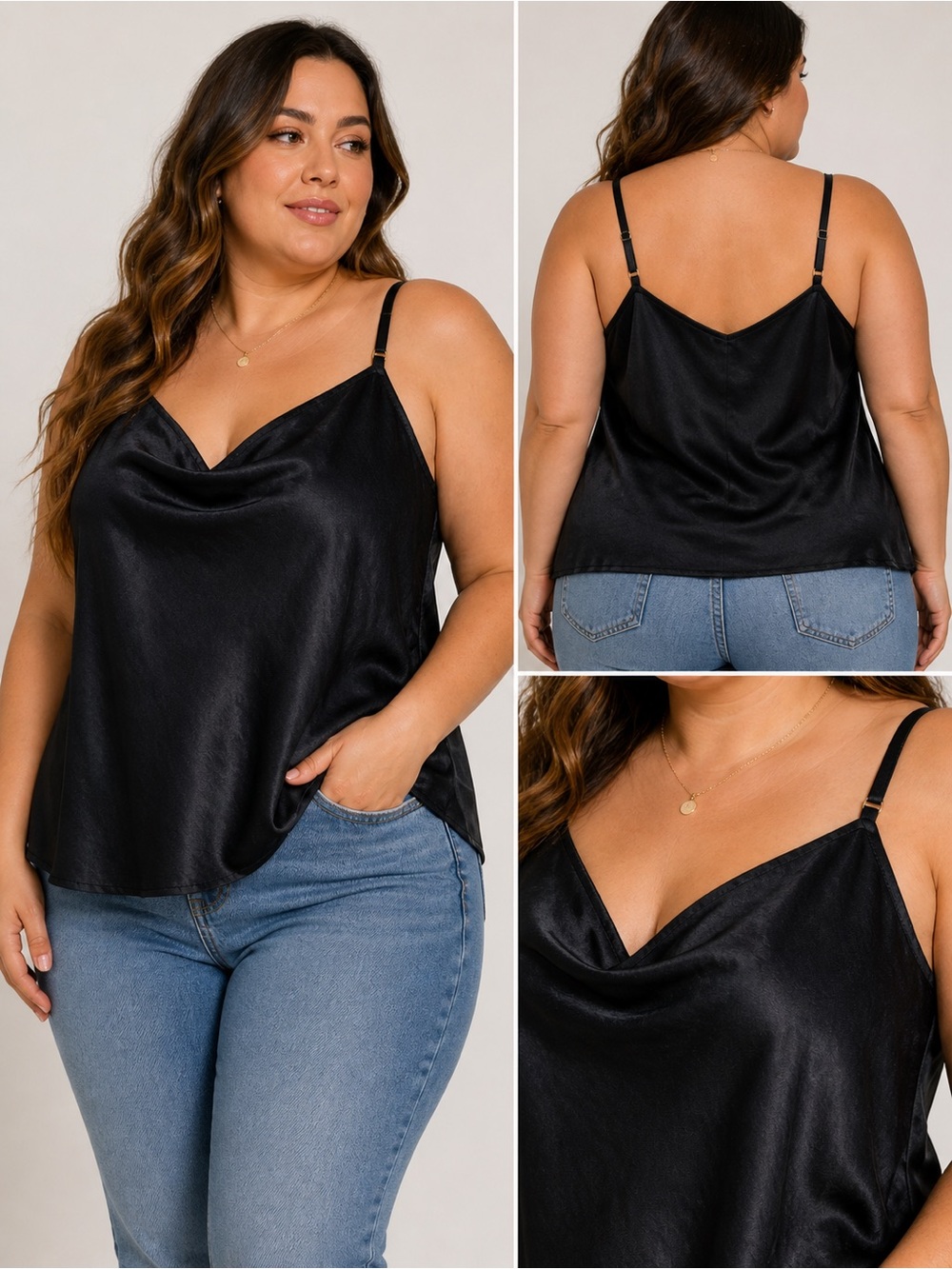 (A4) Ava & Viv Black Satin Cowl Neck Cami 1X